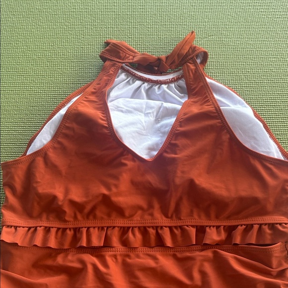 rust orange colored 2 piece bikini with ruffles halter top full coverage bottom - Picture 9 of 10